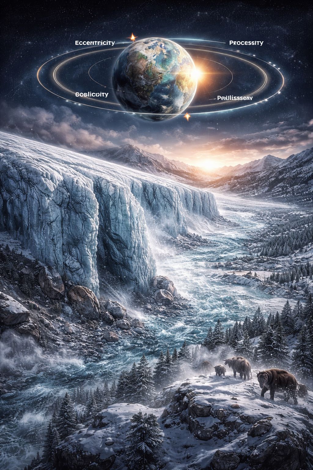 Illustration of advancing glaciers during an ice age with overlay graphics showing Earth’s orbital cycles and climatic shifts.