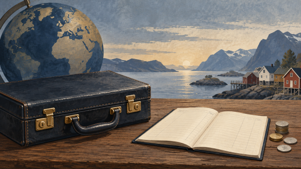 Illustrasjon av en koffert, en regnskapsbok og en globus foran et norsk fjordlandskap.