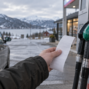 Bilist med drivstoffkvittering ved en bensinpumpe i norsk vinterlandskap