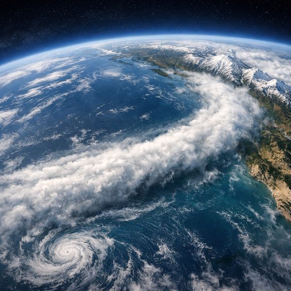 Atmospheric river transporting large amounts of moisture through the atmosphere toward land.