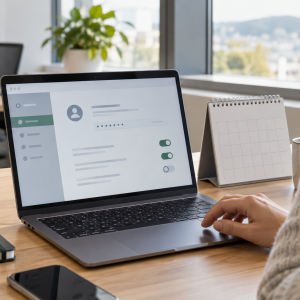 Person vurderer innloggingsinnstillinger på laptop ved siden av en kalender.