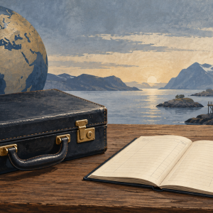 Illustrasjon av en koffert, en regnskapsbok og en globus foran et norsk fjordlandskap.