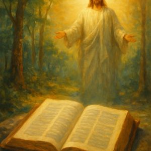 Painting of Jesus bathed in golden light emerging from a forest, with an open Bible glowing in the foreground.