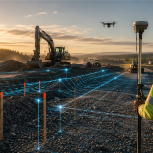 Construction site with survey equipment, stakes and subtle digital coordinate lines over the terrain.