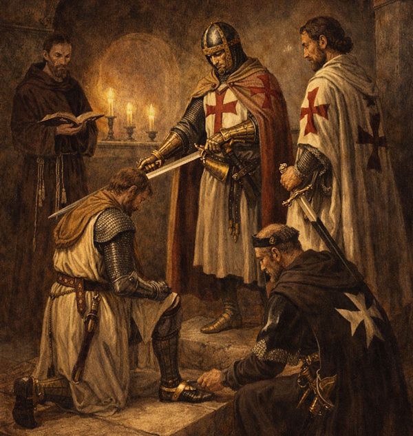 14th-century knighting ceremony inside the Church of the Holy Sepulchre, where a kneeling pilgrim is dubbed knight by a fellow knight while Franciscans witness the ritual in candlelight.