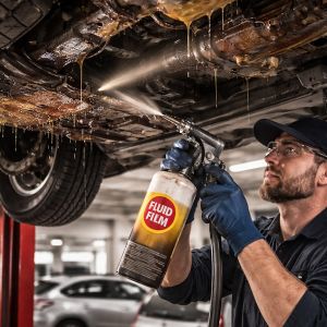 Mechanic applying lanolin-based rust protection to a vehicle undercarriage, highlighting penetration into cavities and long-term corrosion prevention.