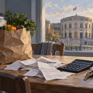 Illustrasjon av handlepose, kvitteringer og kalkulator på et kjøkkenbord, med Stortinget i bakgrunnen.