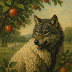 Wolf in sheep’s clothing standing under an apple tree with red fruits, sheep grazing in the background.