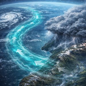 Satellite-style illustration of a large atmospheric river transporting moisture toward mountainous terrain, causing heavy rainfall and extreme weather.