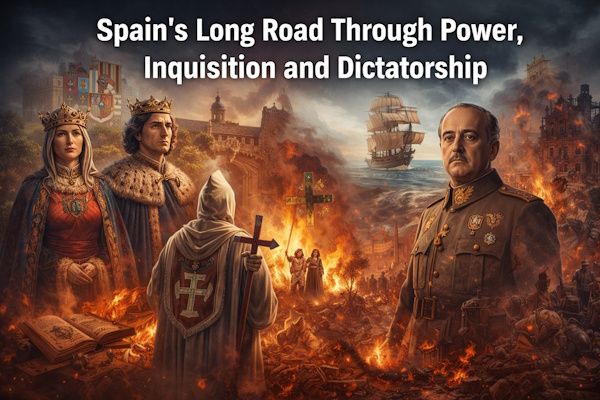 Historical illustration showing Ferdinand and Isabella, scenes of the Spanish Inquisition with flames and religious symbols, a sailing ship representing colonial expansion, and Francisco Franco during the Spanish Civil War, symbolizing Spain’s turbulent path through monarchy, persecution, empire, and dictatorship.