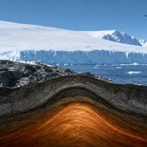 Scientific illustration of GPS stations, Antarctic ice and rising bedrock above the mantle.