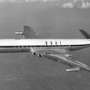 1950s jet airliner with all-metal wing structure and four mounted engines on display