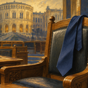 Illustrasjon av en tom stol med et blått slips foran Stortinget.