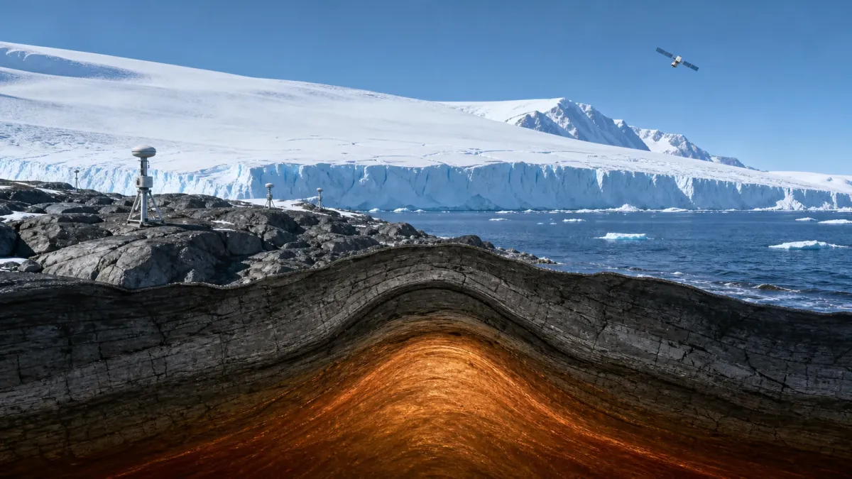 Scientific illustration of GPS stations, Antarctic ice and rising bedrock above the mantle.