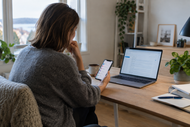 Arbeidstaker vurderer privat e-post på mobilen ved siden av bedriftens e-post på en bærbar PC
