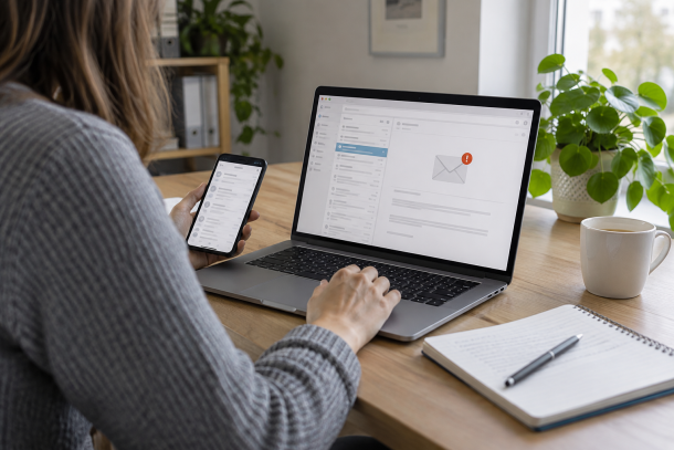 Arbeidstaker sammenligner e-post på mobil og PC for å avgrense en feil