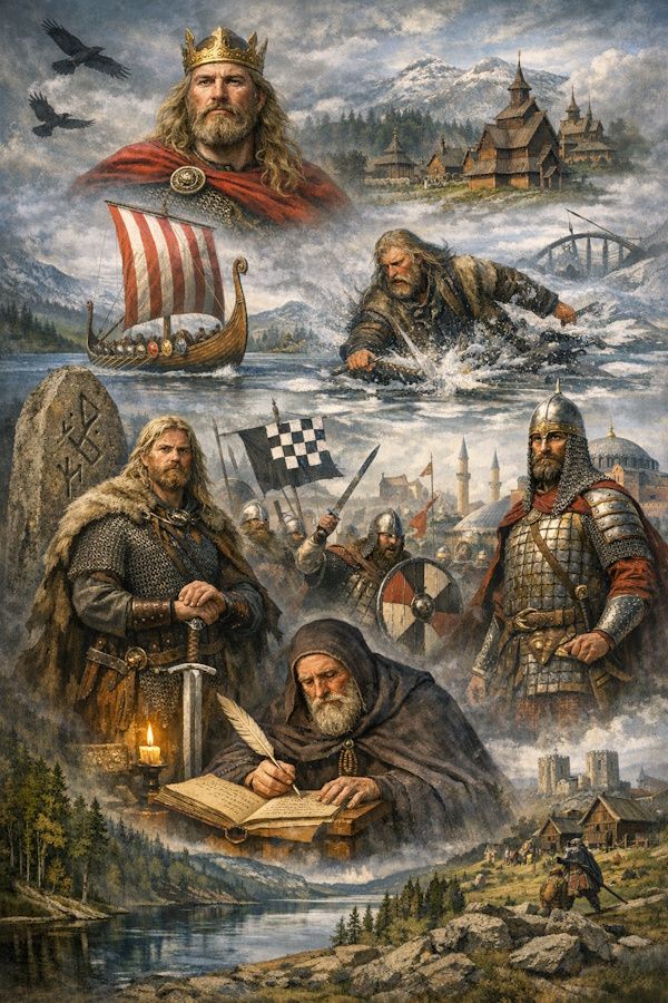 Digital illustrasjon av Hadelands vikingtid med norrøn konge, langskip, runestein, Snorre som skriver saga, og varinger i Bysants i dramatisk nordisk landskap.