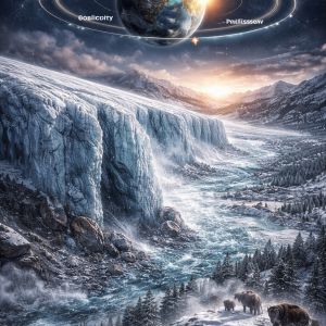 Illustration of advancing glaciers during an ice age with overlay graphics showing Earth’s orbital cycles and climatic shifts.