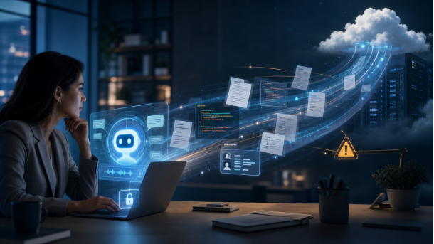 A business user looking at an AI assistant while documents and data streams flow toward cloud servers in the distance.