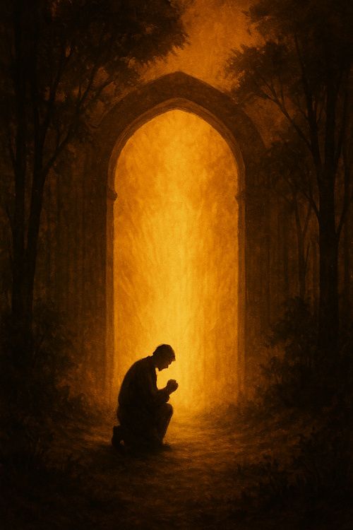 A silhouette of a kneeling figure in prayer before a glowing golden gateway in a forest.