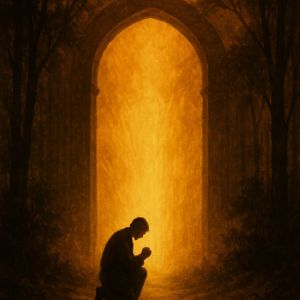 A silhouette of a kneeling figure in prayer before a glowing golden gateway in a forest.