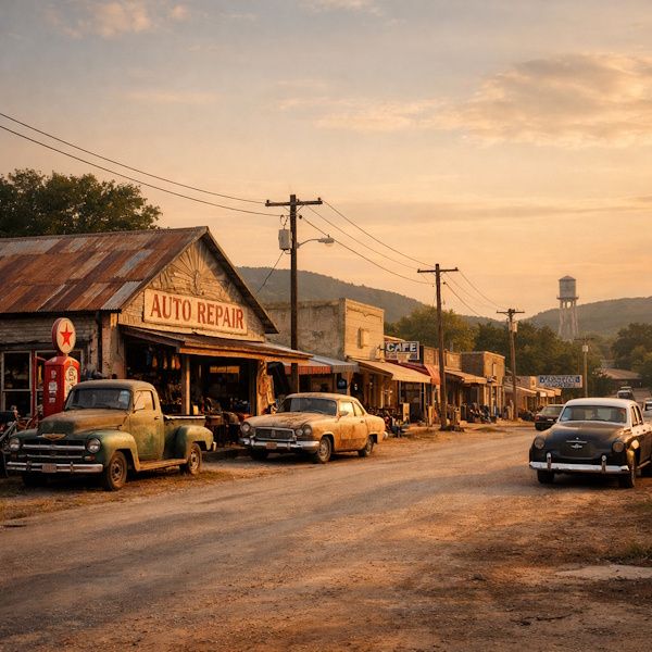 Small Texas town with vintage cars and an old auto repair shop