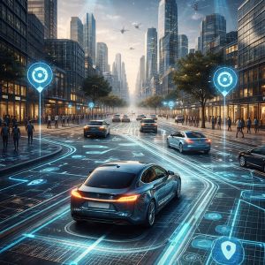 Conceptual illustration of a modern city without street signs, guided by digital maps, satellites, and autonomous vehicles navigating through invisible infrastructure.