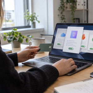 Ansatt holder et firmakort foran en PC med flere valg for programvareabonnement