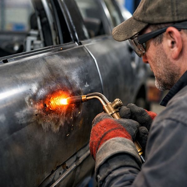 Auto body technician heating a steel panel during body repair