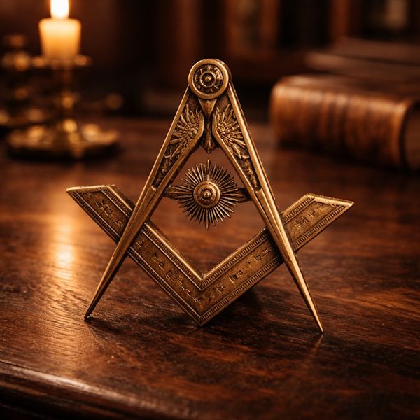 Freemasonry square and compass symbol on wooden table