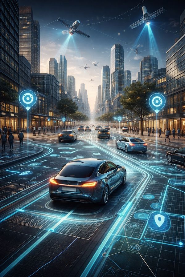 Conceptual illustration of a modern city without street signs, guided by digital maps, satellites, and autonomous vehicles navigating through invisible infrastructure.