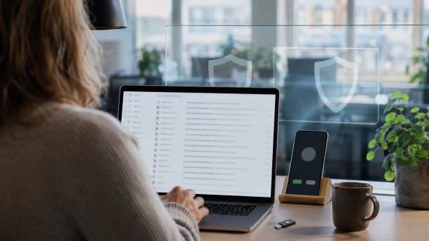 Ansatt ved en arbeidsstasjon der flere sikkerhetslag beskytter e-post og innlogging.