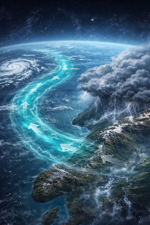 Satellite-style illustration of a large atmospheric river transporting moisture toward mountainous terrain, causing heavy rainfall and extreme weather.
