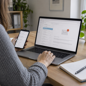 Arbeidstaker sammenligner e-post på mobil og PC for å avgrense en feil