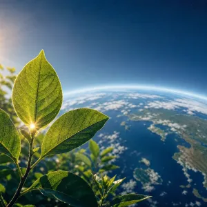 Green leaves in front of Earth and its atmosphere, illustrating the dual role of carbon dioxide in plant growth and climate.