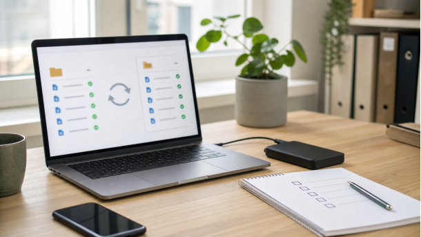 Laptop med filsynkronisering, ekstern disk og sjekkliste for backup.