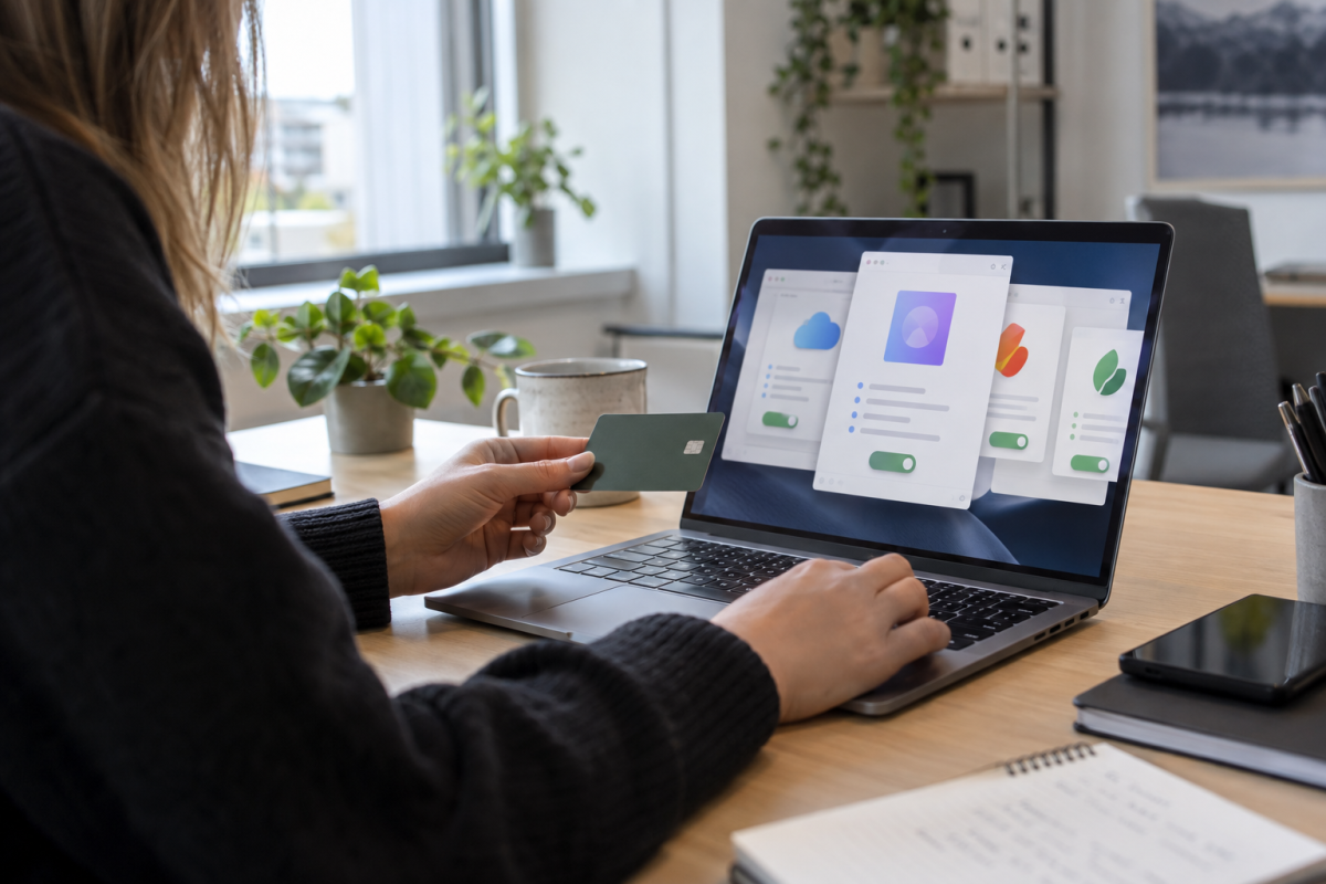 Ansatt holder et firmakort foran en PC med flere valg for programvareabonnement