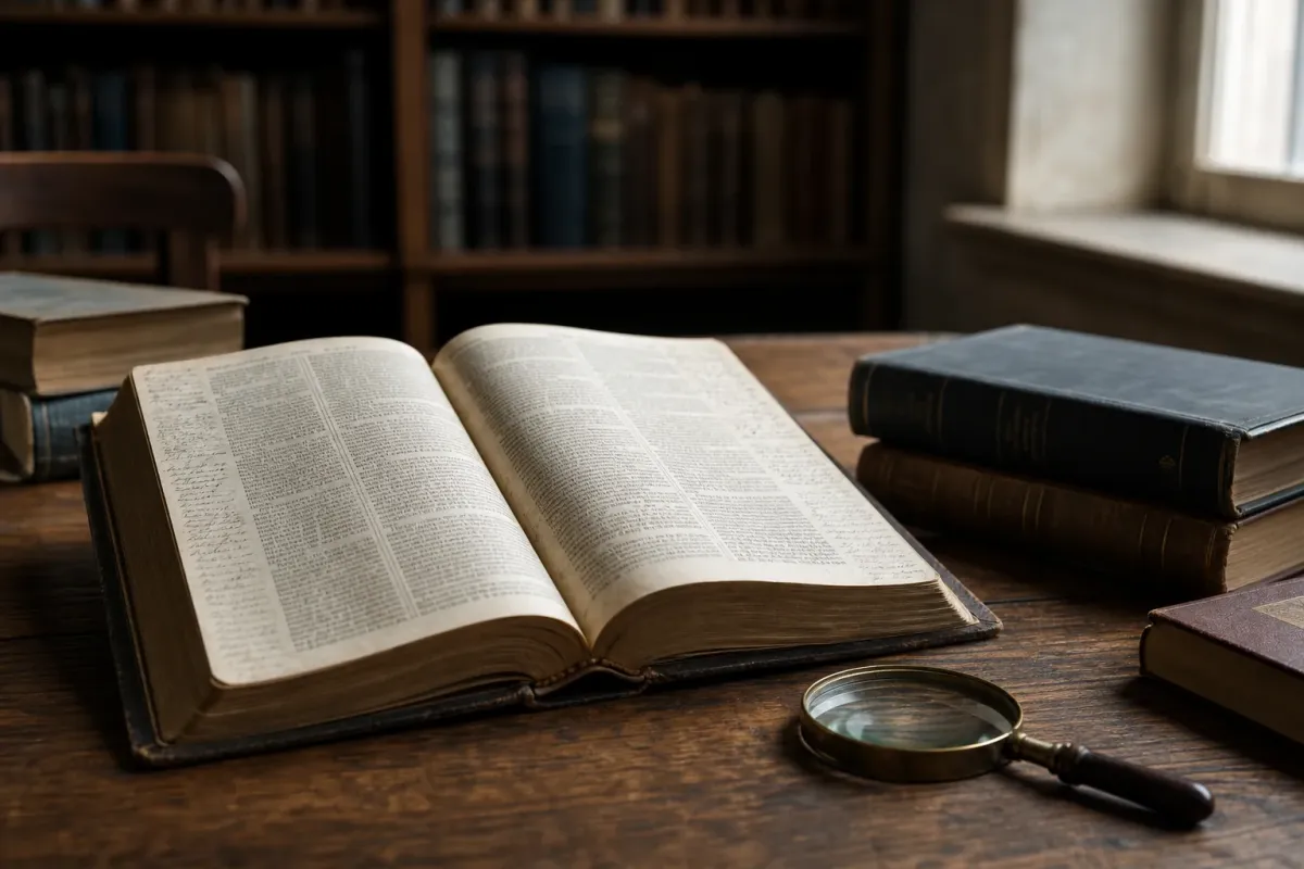 An open Bible and a magnifying glass on a library table, illustrating careful examination of belief and evidence.