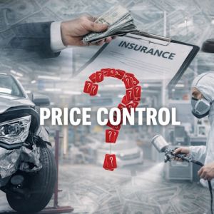 Damaged car in repair shop with painter spraying vehicle, insurance contract and money in background symbolizing insurance price control in the automotive repair industry.